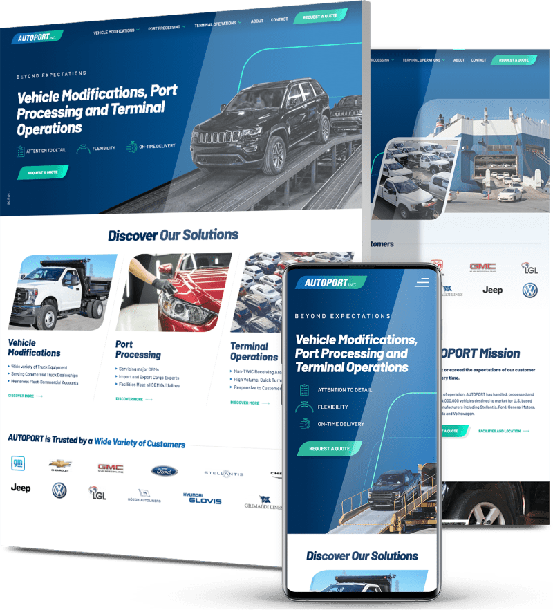 Responsive website design for AutoPort highlighting vehicle modifications, port processing, and terminal operations services.