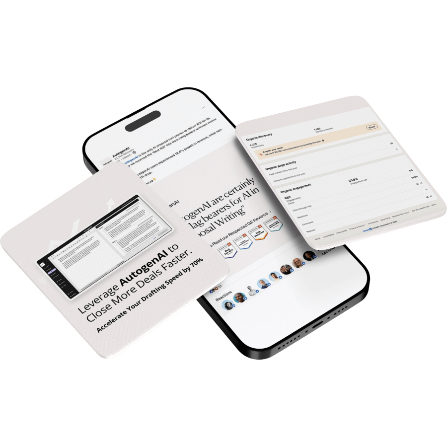 AutoGenAI digital marketing assets displayed across mobile and tablet mockups, featuring AI-powered proposal writing content, social media creatives, and campaign performance analytics dashboards.