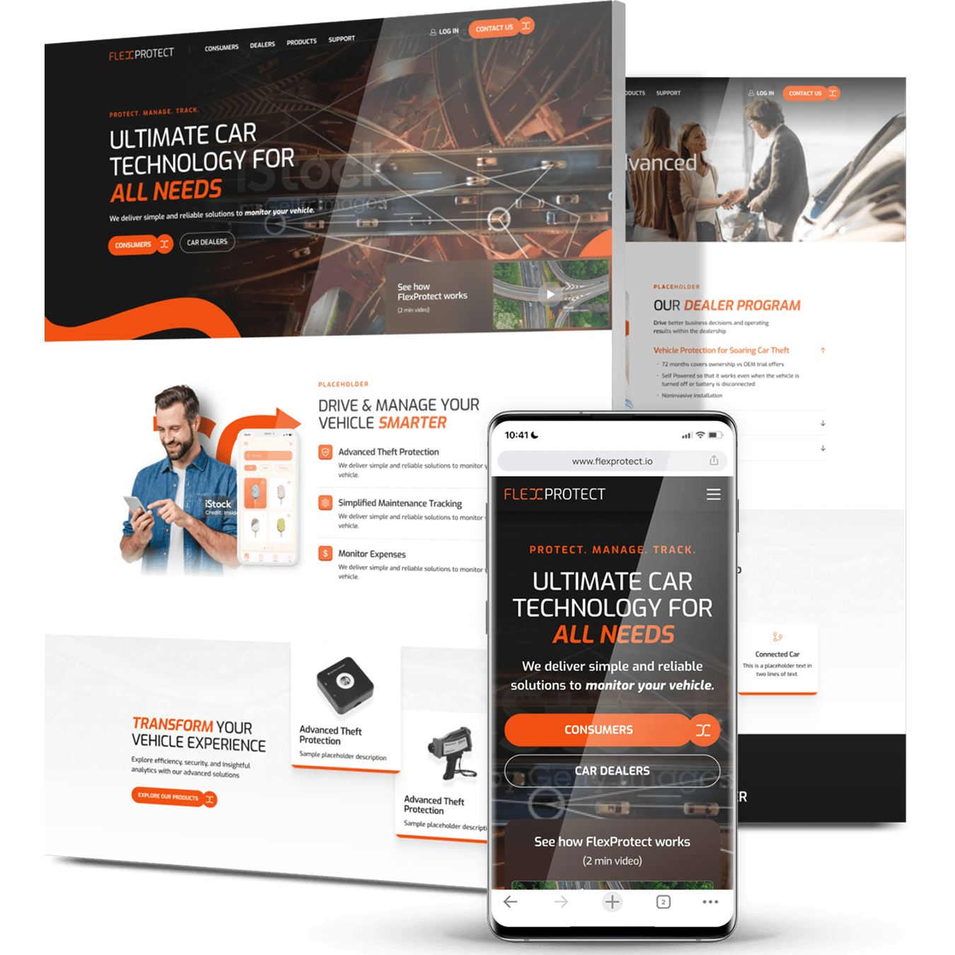 Responsive website design for FlexProtect featuring car tracking technology, vehicle monitoring solutions, and mobile-friendly interface.