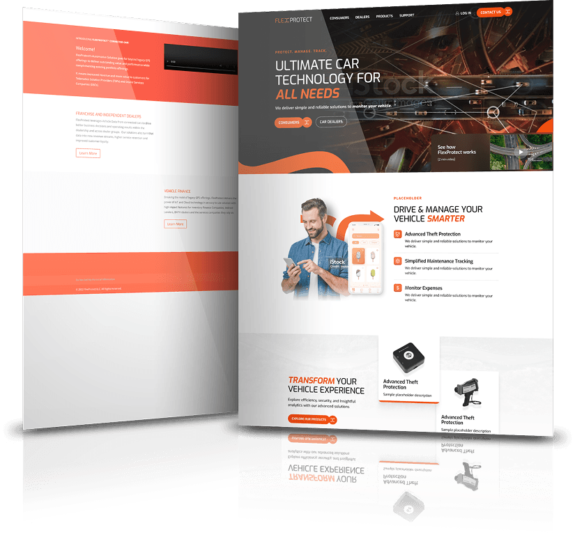 Before and after website redesign for FlexProtect featuring enhanced design for vehicle tracking and car technology solutions.