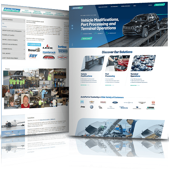 Before and after website redesign for AutoPort showcasing improvements for vehicle processing and logistics services.