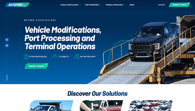 Vehicle logistics website showcasing port processing, modifications, and terminal operations with modern layout