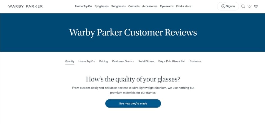 Warby Parker website screenshot