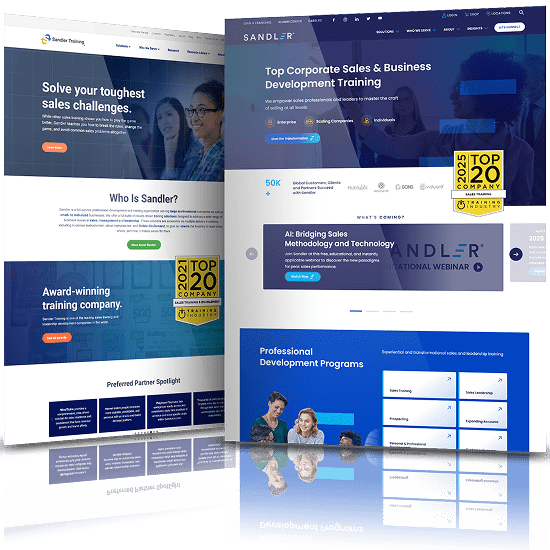Side-by-side comparison of Sandler Training website before and after redesign showing improved layout, branding, and user interface