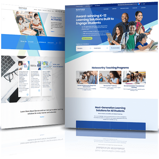Comparison of Savvas education website before and after redesign with enhanced visuals, layout, and product presentation