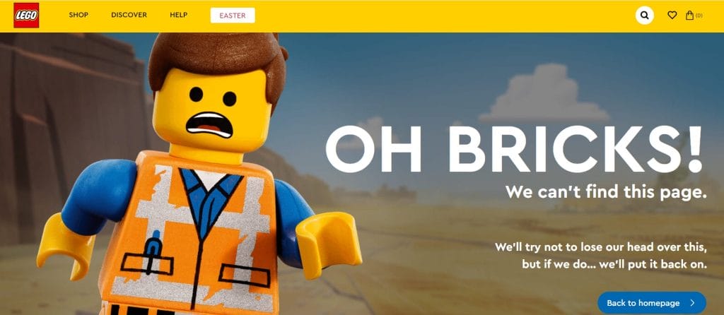 A screenshot of LEGO's 404 page