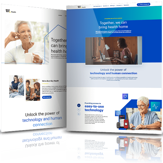 Before and after views of Best Buy Health’s website highlighting a more dynamic, technology-focused design and improved content structure.
