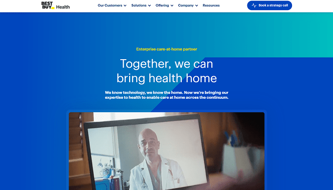 Best Buy Health homepage showcasing telehealth services with a doctor on a video call and messaging about bringing healthcare home.