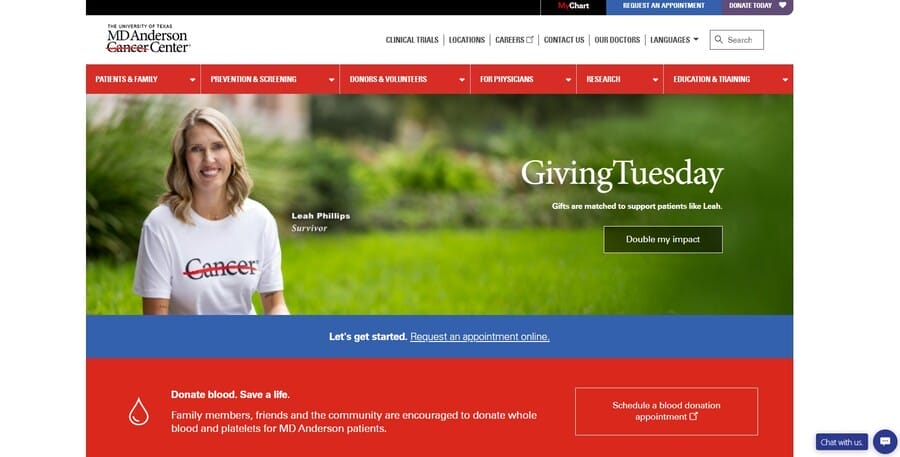 The University of Texas MD Anderson Cancer Center website screenshot