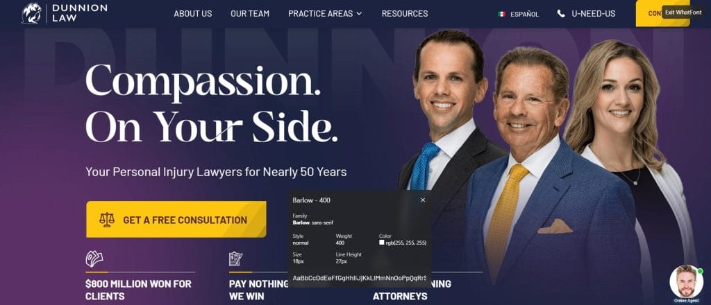 Screenshot of Dunnion Law's website with WhatFont tool