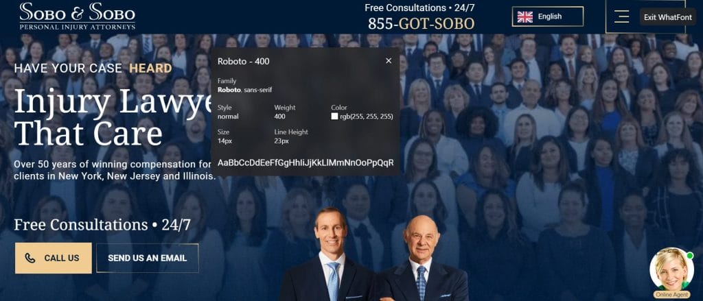 Screenshot of Sobo & Sobo's website with WhatFont tool