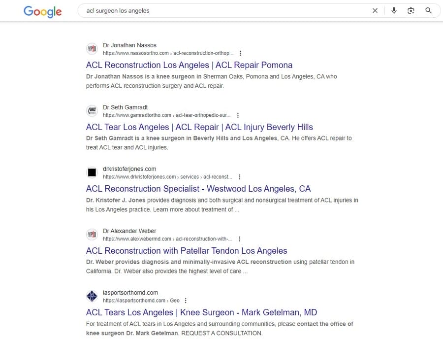 Image showing Google search results for "ACL surgeon Los Angeles"