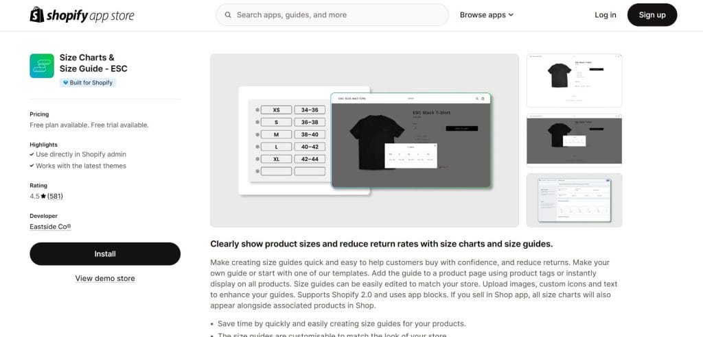 Shopify App Store screenshot of Size Charts & Size Guide extension