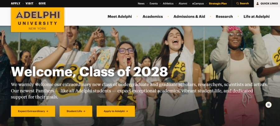 Adelphi University website screenshot