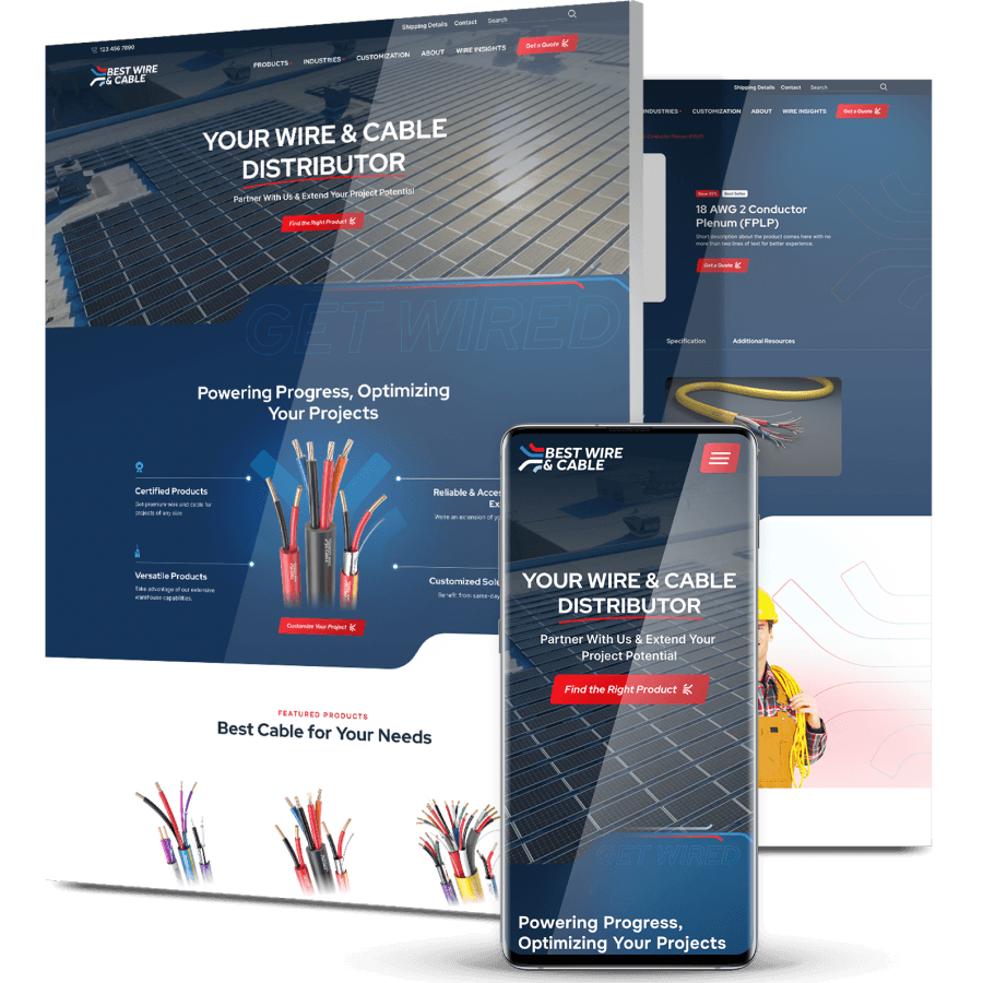 Best Wire & Cable website displayed on desktop and mobile, showcasing cable products and industrial distribution services.