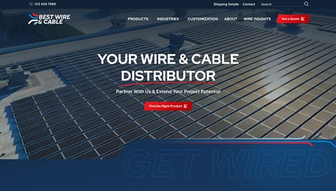 Best Wire & Cable website hero featuring solar panels and messaging about wire and cable distribution services.
