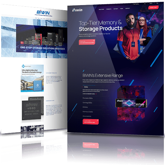 BIWIN website redesign comparison with updated dark-themed interface, improved product showcase, and modern UI elements.