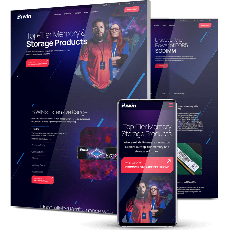 BIWIN memory and storage products website on desktop and mobile, featuring SSDs and high-performance storage solutions.