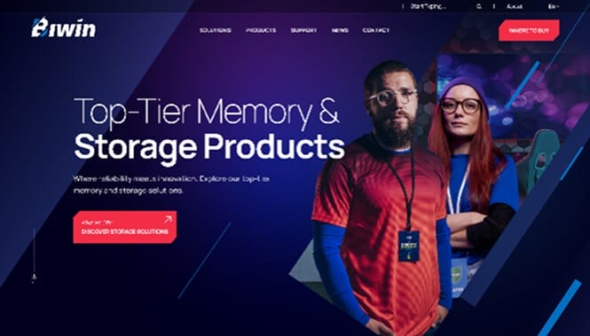 BIWIN website hero section featuring memory and storage products with two professionals and a dark, tech-focused interface.