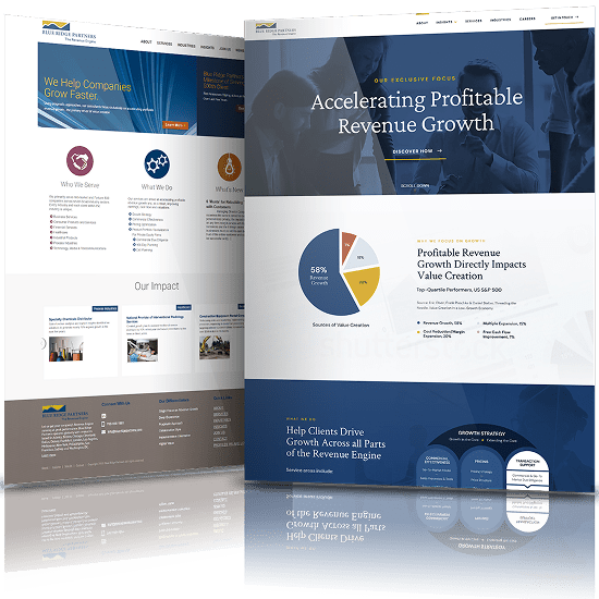 Comparison of Blue Ridge Partners’ previous and updated website designs with enhanced visuals, typography, and data-driven content layout.