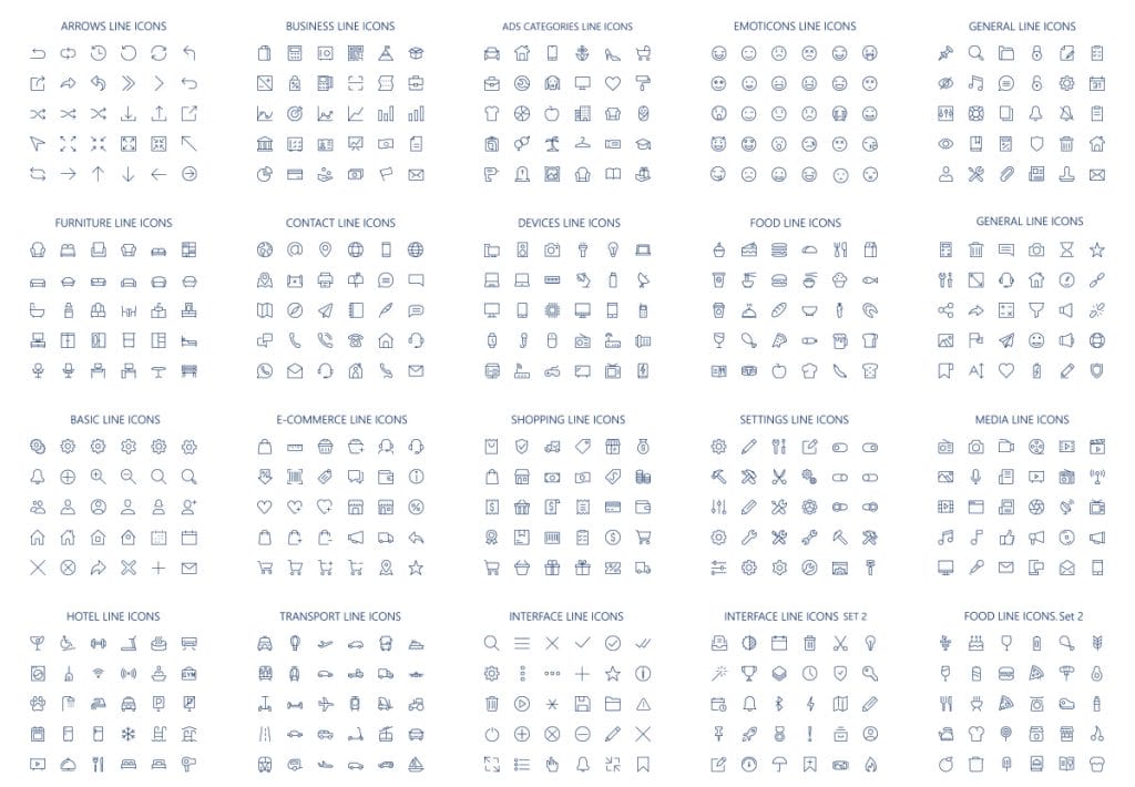 An image depicting 40 different types of website icons