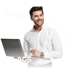 Smiling man holding laptop, logo present