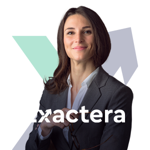 Professional woman smiling, company logo