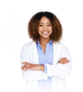 Smiling woman in lab coat
