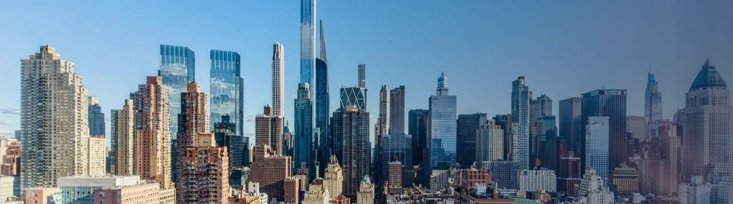 City skyline with modern skyscrapers.