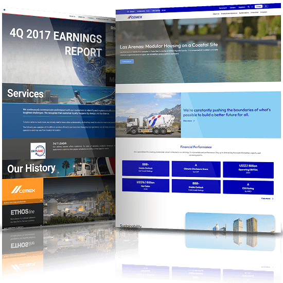 CEMEX corporate website before and after redesign highlighting improved structure, visuals, and data-driven content presentation