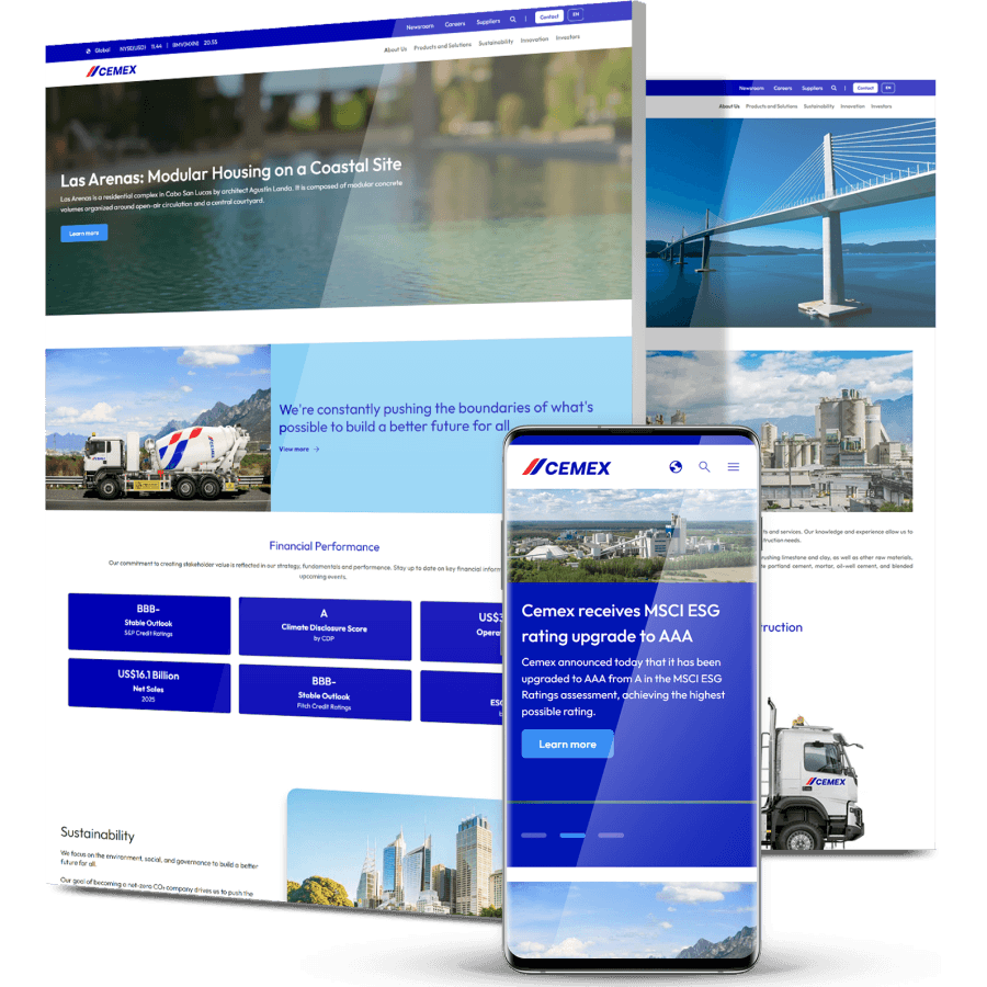CEMEX corporate website design showcasing construction projects, sustainability initiatives, and financial performance on responsive layouts