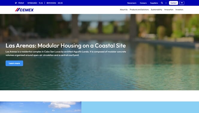 CEMEX website banner featuring Las Arenas modular housing project on a coastal site with modern construction design