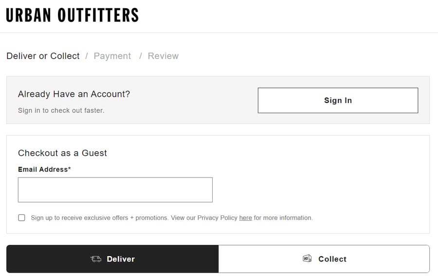 Urban Outfitters' checkout page with an easy guest checkout option