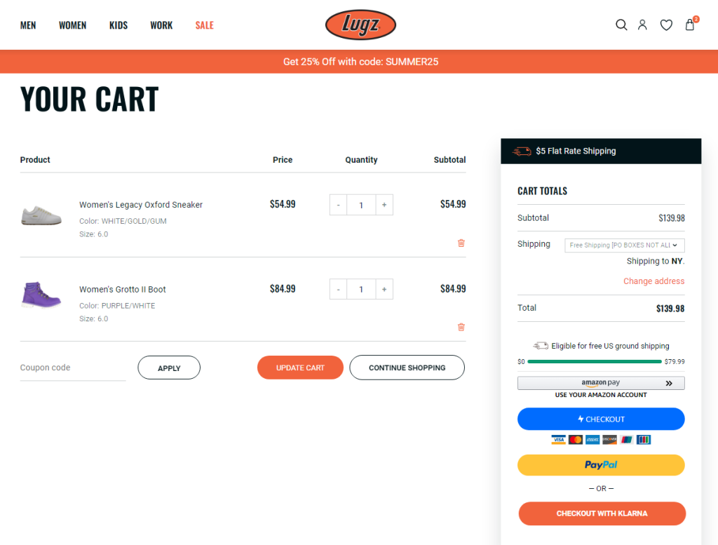 Lugz's checkout page