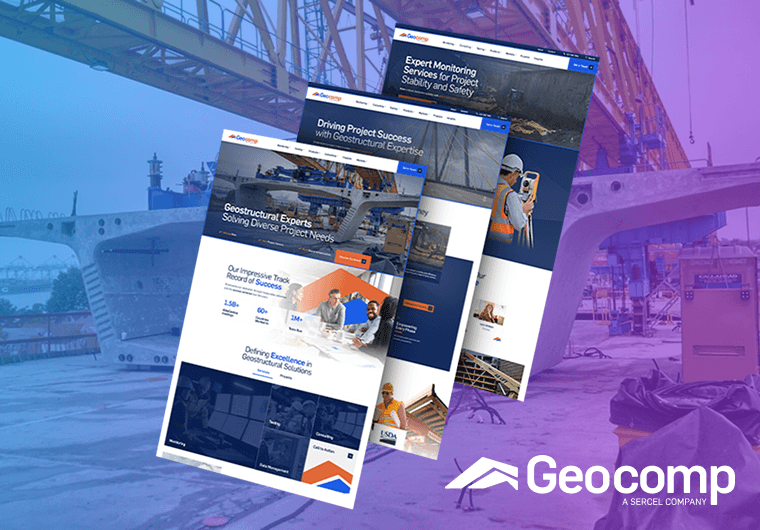 Website design mockups for Geocomp featuring geostructural engineering, monitoring services, and infrastructure projects.