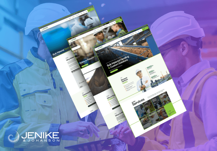 Website design mockups for Jenike & Johanson featuring bulk material handling solutions and engineering services.