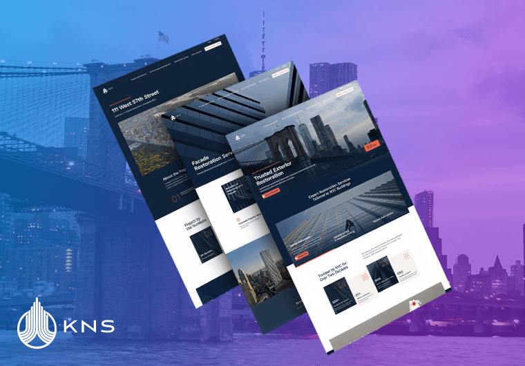 Website design mockups for KNS showcasing façade restoration, exterior repair, and urban construction projects.