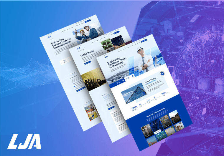 Website design mockups for LJA Engineering featuring infrastructure, public works, and engineering services pages.