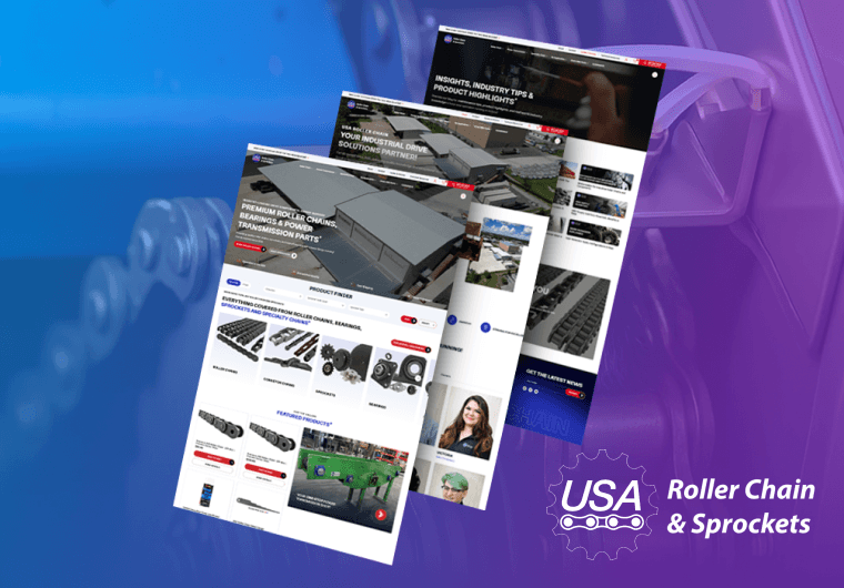 Ecommerce website design mockups for USA Roller Chain featuring industrial products, chains, sprockets, and product catalog pages.