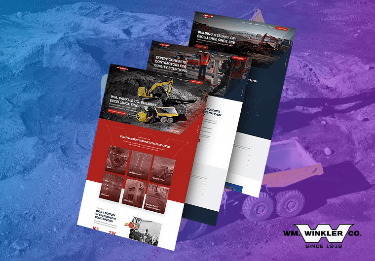 Website design mockups for WM Winkler Co. highlighting heavy construction, excavation equipment, and concrete services.