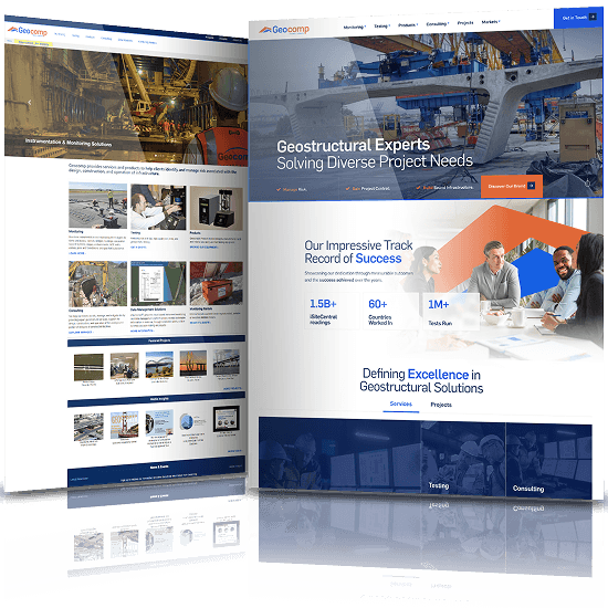 Before and after website redesign for Geocomp featuring updated design for geostructural engineering and monitoring solutions.