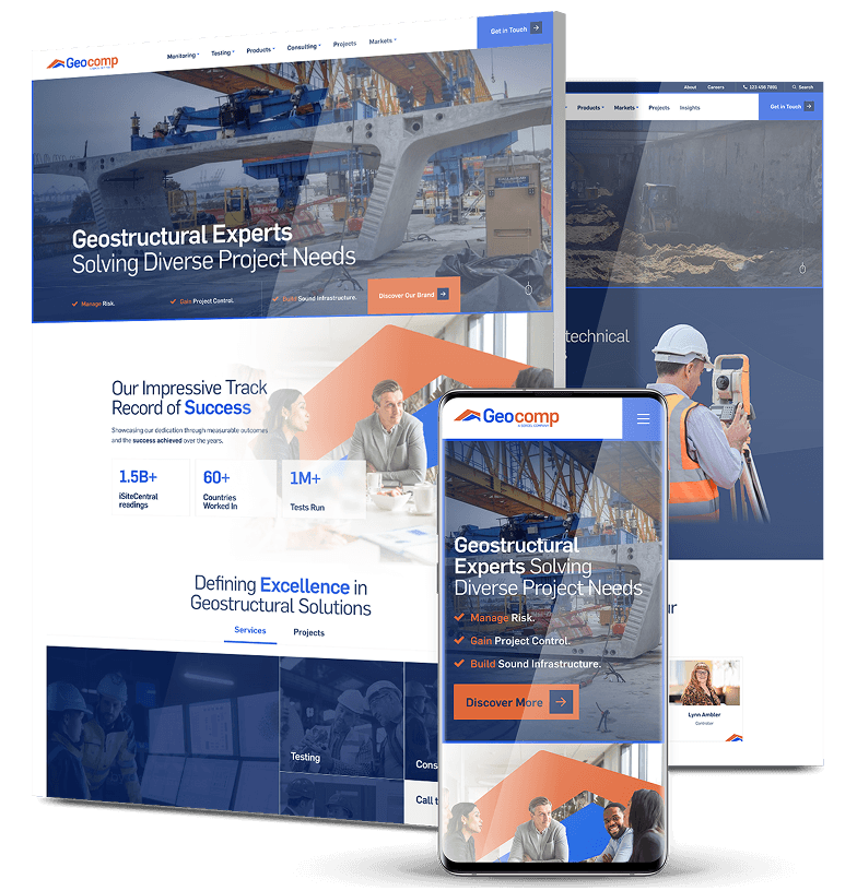 Responsive website design for Geocomp highlighting geostructural engineering services with desktop and mobile interfaces.