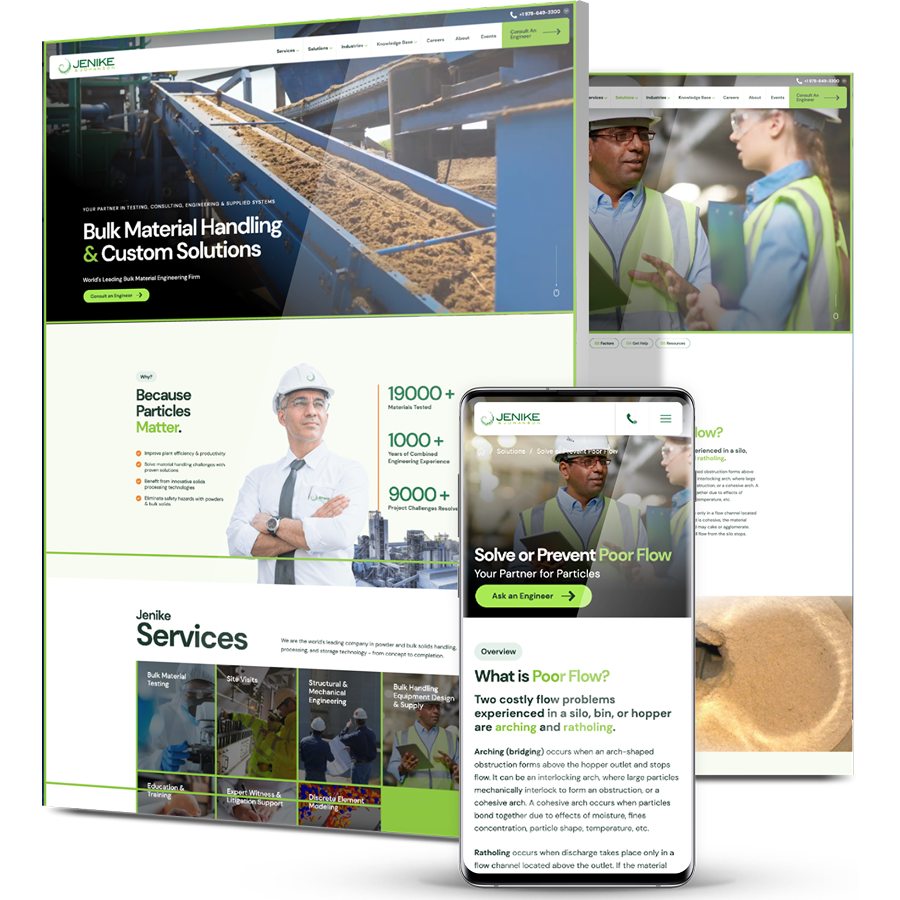 Responsive website design for Jenike & Johanson featuring bulk material handling solutions with desktop and mobile views.
