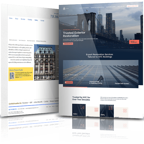 Before and after website redesign for KNS showing transformation from outdated layout to modern façade restoration and exterior services website.