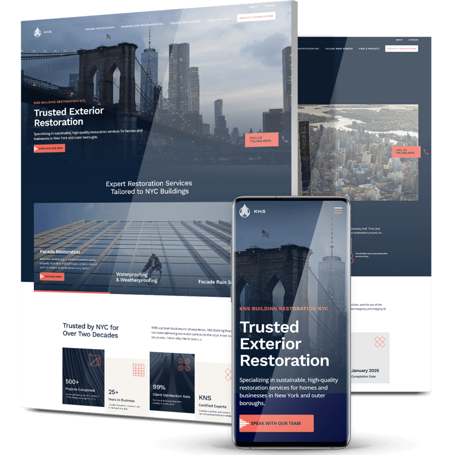Responsive construction website design for KNS featuring exterior restoration services with desktop and mobile views.