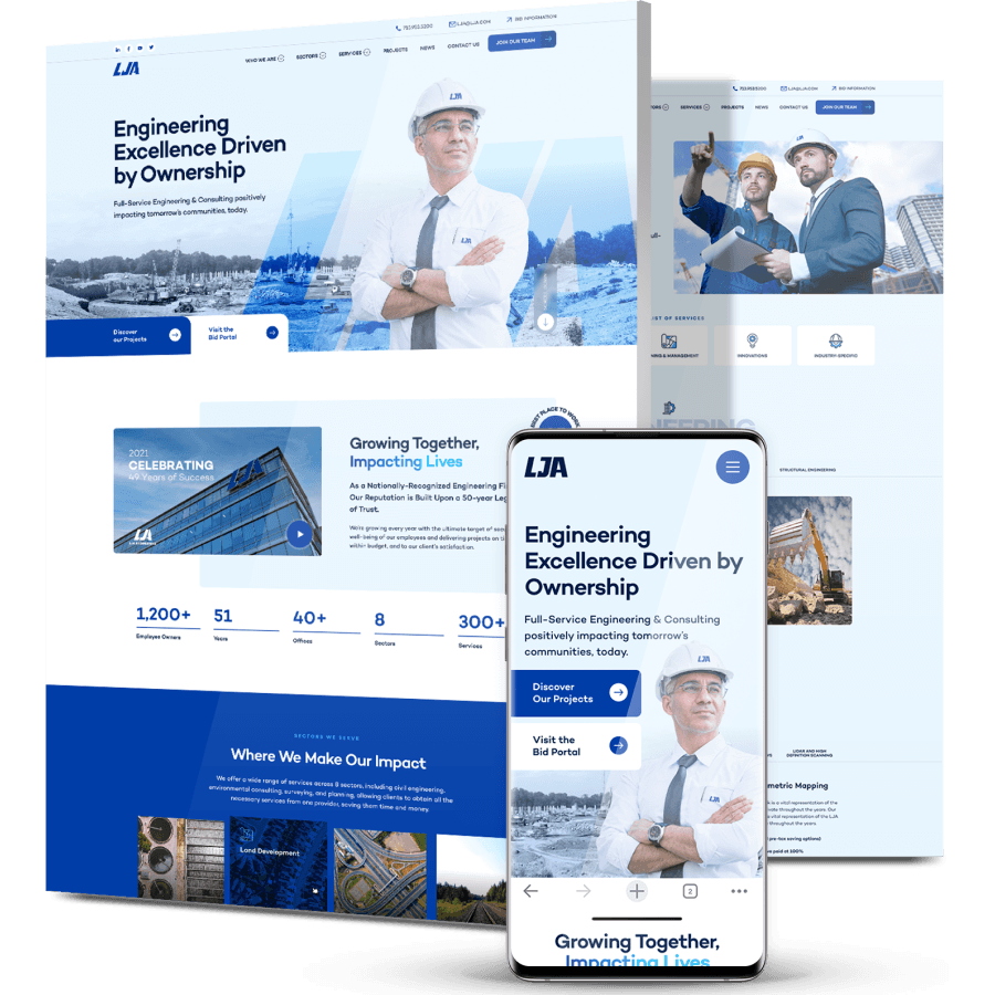 Responsive website design for LJA Engineering displaying desktop and mobile layouts focused on engineering, infrastructure, and consulting services.