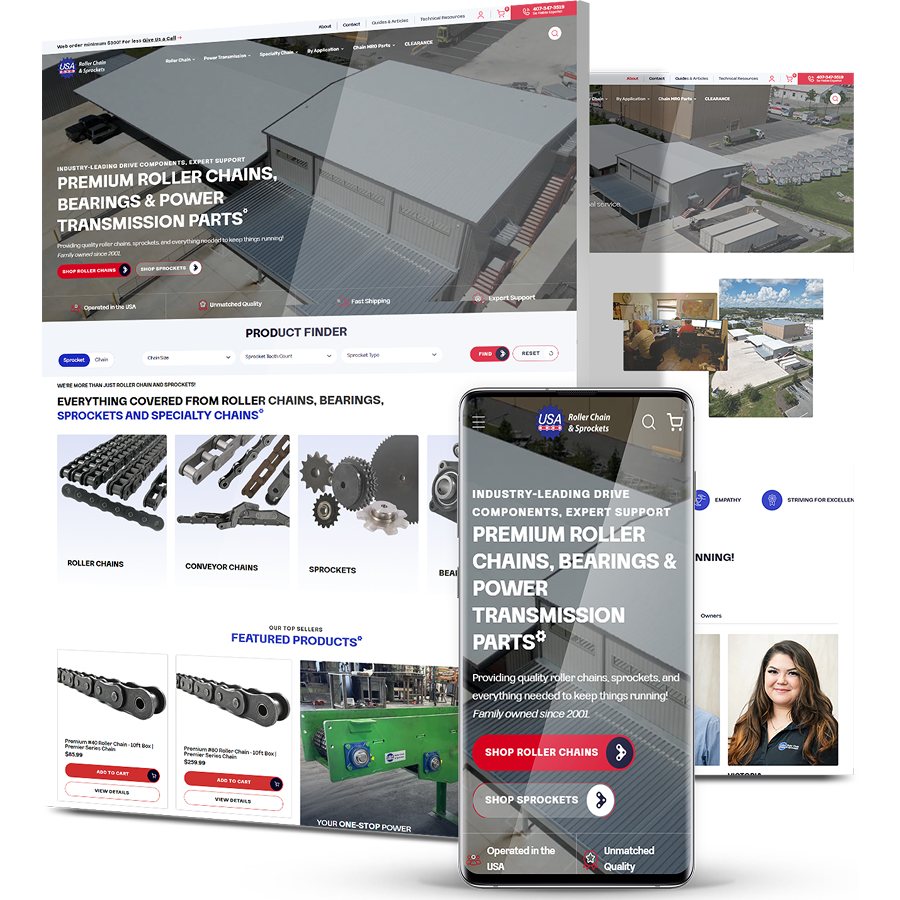 Responsive ecommerce website design for USA Roller Chain showing desktop and mobile views with product catalog, roller chains, and industrial components.