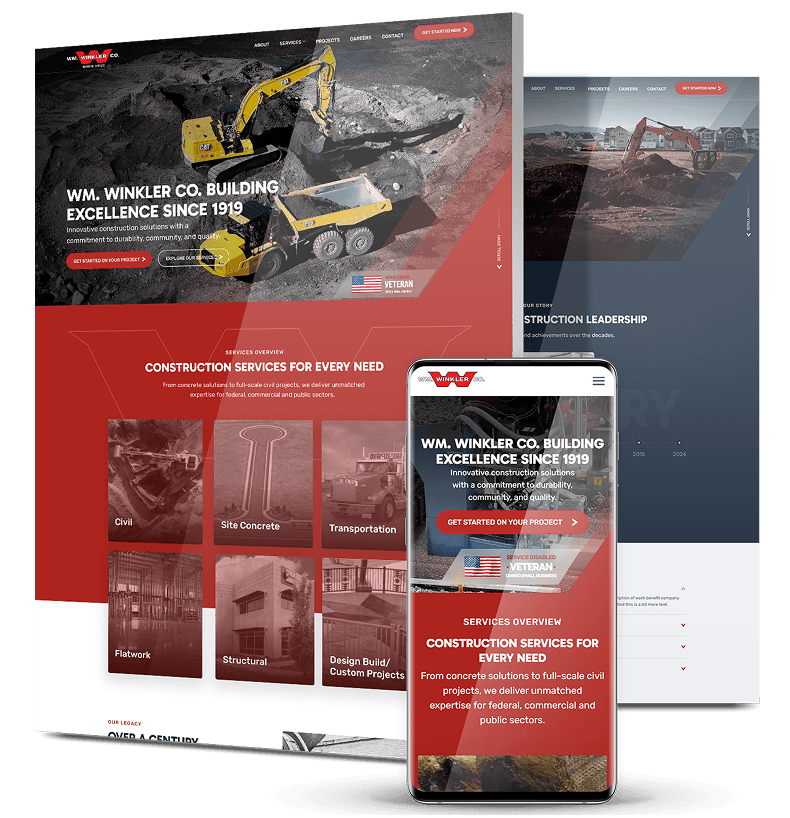 Responsive construction website design for WM Winkler Co. showcasing heavy construction services and mobile-friendly layout.