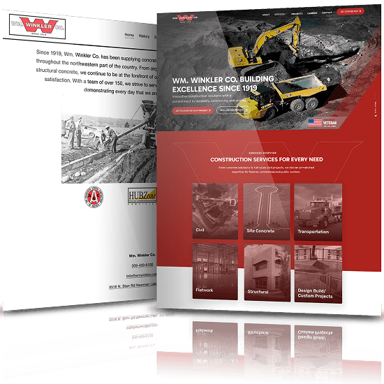 Before and after website redesign for WM Winkler Co. highlighting upgrade to bold, modern construction and concrete services website.