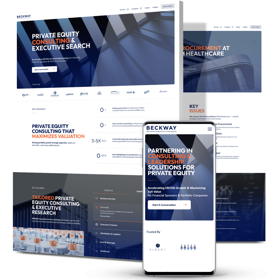 Corporate website design for Beckway showcasing private equity consulting and executive search services with responsive layout.
